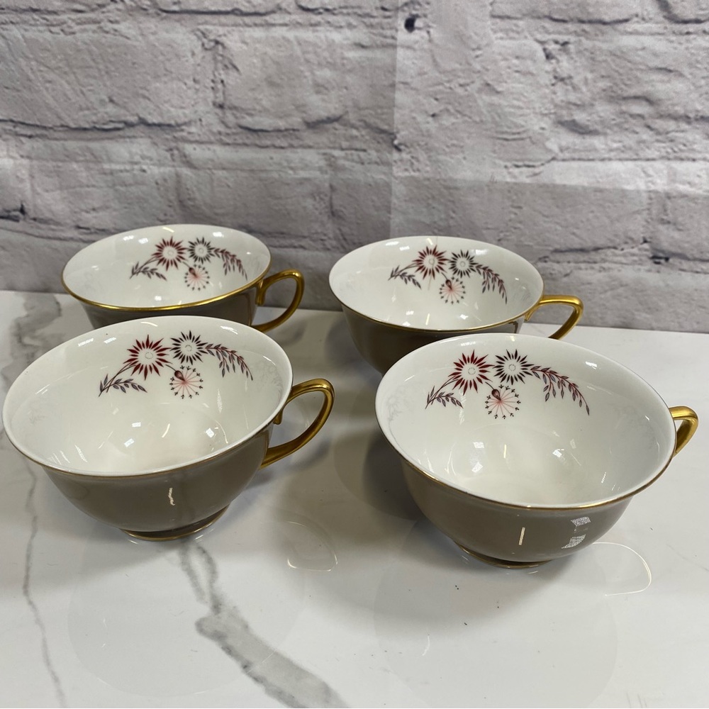 Vintage Set Of 4 Royal Jackson Brown Starburst Floral Teacup Bone China 1950s